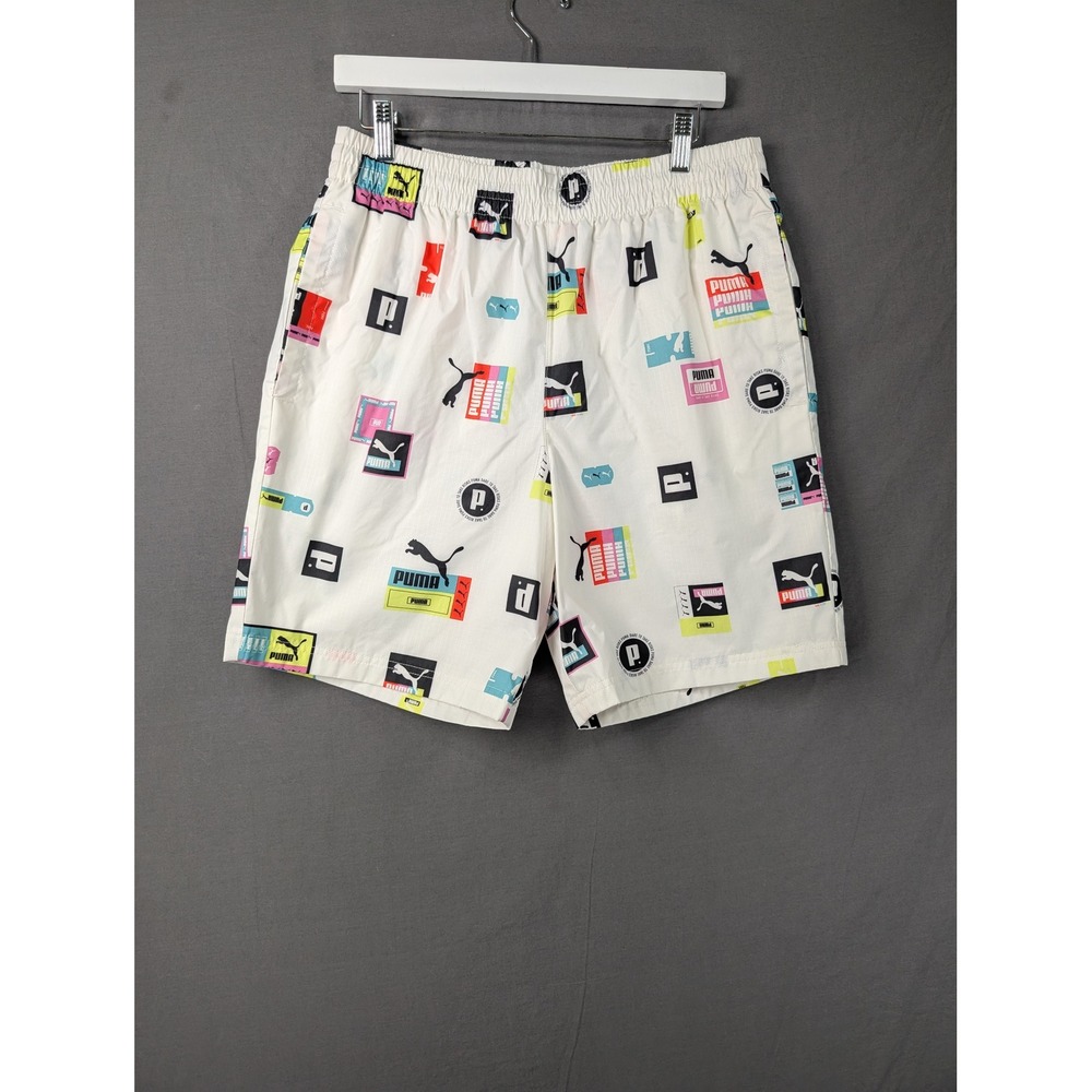 Puma Men White All Over Logo Print Athletic Shorts Size Large